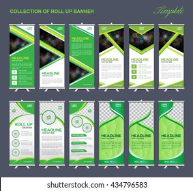 Collection of Green Roll Up Banner Design polygon background, brochure flyer vector, , advertisement, display, stand template