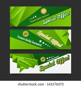 Collection of green sale discount origami website banners. Image contains transparency in shadows - you can put it on every surface. 10 EPS