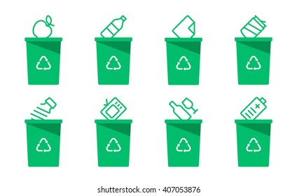 Collection Of Green Separation Recycle Bin Icon.Organic,batteries,metal,plastic,paper,glass,waste,light Bulb,aluminium,food,can,bottle.Bin Vector,recycle Bin.Vector Illustration. Isolated On White