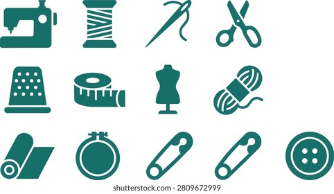 Collection of green sewing icons on white background