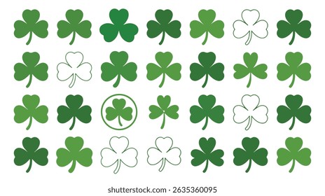 Collection of green shamrock illustrations representing luck and traditional symbols for saint patricks day