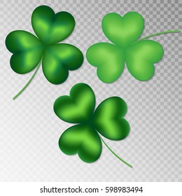 Collection of green shamrocks on a transparent background for a festive spring decoration.
