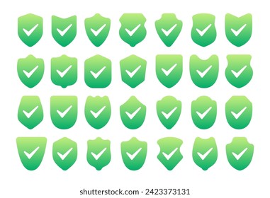 Colección de formas de protección verde con marcas de verificación, que representan seguridad, seguridad y verificación
