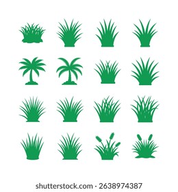 Collection of green silhouette grass and palm tree vector illustrations on white background