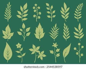 Collection of green silhouette illustrations of various leaves and floral elements