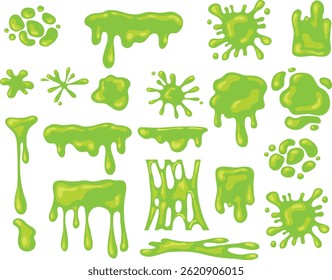 Collection of Green Slime Splatters and Blobs, Slime splashes set.
