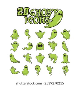 Collection of green slime-style ghost icons with playful designs and black eyes, Vector illustration