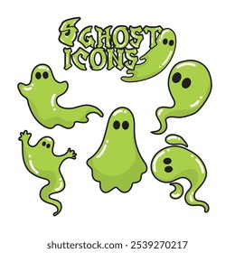 Collection of green slime-style ghost icons with playful designs and black eyes, Vector illustration