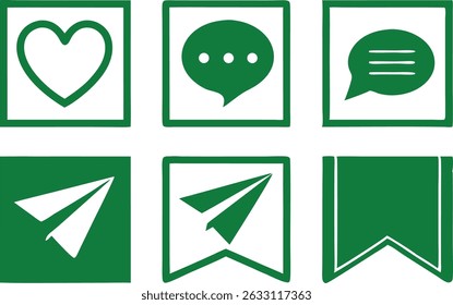 Collection of green social media icons including heart bubble and bookmark elements