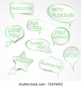 Collection of green speech bubbles with slogans. Easy to edit vector illustration.
