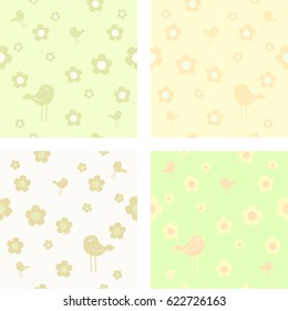 A collection of green spring cute cartoon seamless patterns with birds and flowers