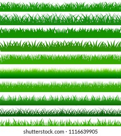 Collection green spring grass cartoon border in length and densities for use as design elements there are many form isolated on white background, Vector Illustration