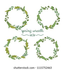 Collection of green spring herbal wreaths for cards on a white background