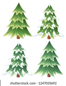 Collection of green spruce trees. Evergreen flat style. Christmas tree in the snow. Vector illustration isolated on white background.