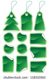 Collection of green stickers and labels on white background