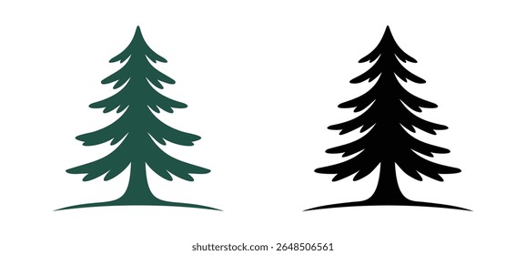 A collection of green stylized conifer trees, including pine, fir, and cedar silhouettes. These minimalist tree icons are ideal for nature-themed designs. Cedar tree silhouette, cedar tree logo, pine