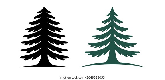 A collection of green stylized conifer trees, including pine, fir, and cedar silhouettes. These minimalist tree icons are ideal for nature-themed designs. Cedar tree silhouette, cedar tree logo, pine