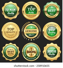 Collection of green top quality badges with gold border