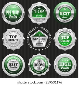 Collection of green top quality badges with silver border
