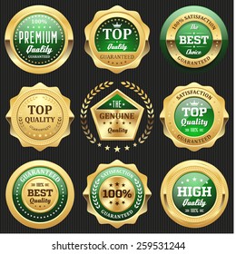 Collection of green top quality badges with gold border