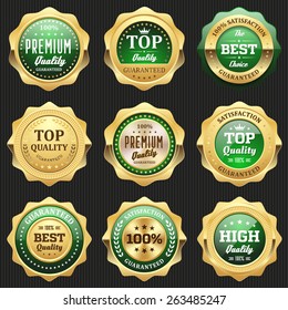 Collection of green top quality badges with gold border