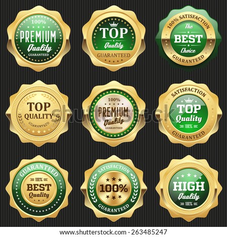 Collection of green top quality badges with gold border
