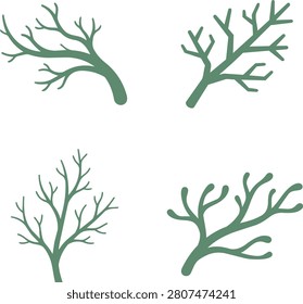 Collection of green tree branch and twig silhouettes featuring organic shapes and textures. Natural botanical graphic elements perfect for forest themed illustrations seasonal designs and environmental art.