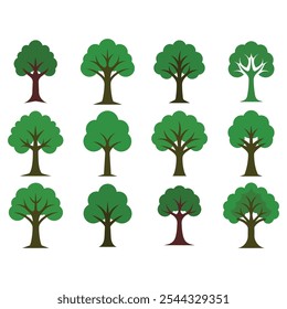 Collection of green tree ecology icons in vector format, featuring nature-inspired elements perfect for environmental projects, eco-friendly branding, and sustainability-focused designs.