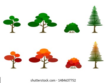 Collection of green trees and autumn trees. Can be used to illustrate nature, exterior design, or healthy lifestyle topic. Flat style vector on isolated white background.