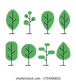 Collection of green trees of different shapes in a flat style. Vector illustration.