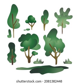 collection of green trees flat simple cartoon hand drawn vector isolated illustration paper cut style