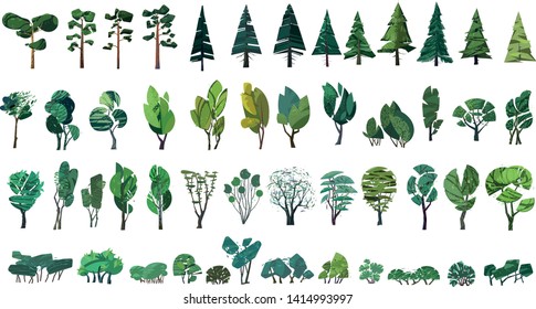 Collection of green trees isolated on white, modern illustration flat style with a bit of textures 