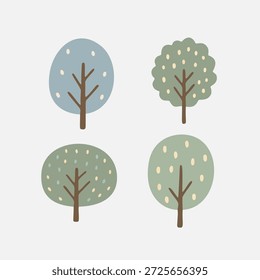 Coleção árvores verdes, ilustrações desenhadas à mão simples cor pastel bonito