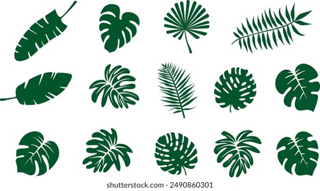 A collection of green tropical leaves in various shapes and sizes, including monstera, palm, and fern leaves, arranged in a seamless pattern on a white background.