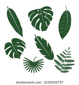 A collection of green tropical leaves in various shapes, a seamless pattern on a white background.