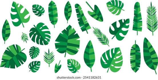 A collection of green tropical leaves in various shapes and sizes, including monstera, palm, and fern leaves, arranged in a seamless pattern on a white background.