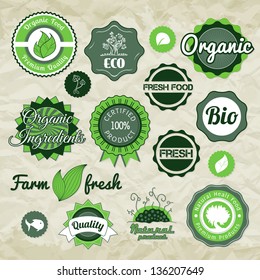 Collection green vector labels, badges and icons, bio eco natural certified fresh theme, vintage retro grunge set
