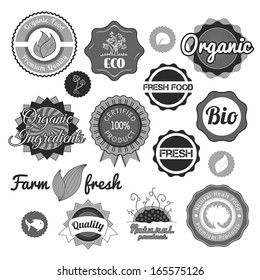 Collection green vector labels, badges and icons, bio eco natural certified fresh theme, vintage retro grunge set