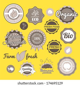 Collection green vector labels, badges and icons, bio eco natural certified fresh theme, vintage retro grunge set