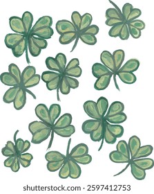 A collection of green watercolor clovers, some with four leaves, on a white background