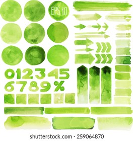 Collection of green watercolor design elements isolated on white background