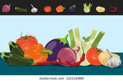A collection of greens and vegetables in vector format to be used individually or to compose images