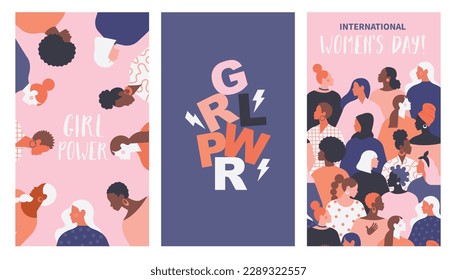 Collection of greeting card or design templates for social media stories with women and Happy Women's Day wish. Modern festive vector illustration for 8 March celebration.