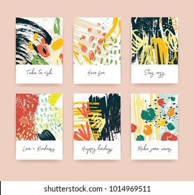 Collection of greeting card or postcard templates with various wishes and abstract hand drawn textures with bright colored paint traces, stains and blots. Modern colorful vector illustration.