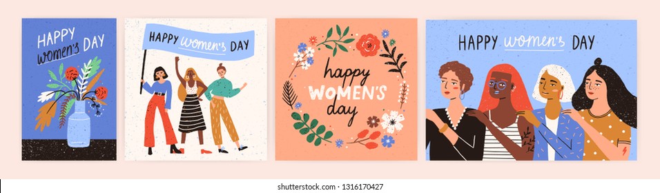 Collection of greeting card or postcard templates with flower bouquet in vase, floral wreath, feminism activists and Happy Women's Day wish. Modern festive vector illustration for 8 March celebration.