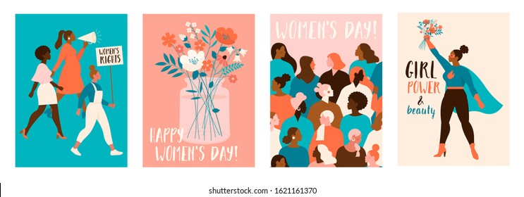 Collection of greeting card or postcard templates with flower bouquet in vase, floral wreath, feminism activists and Happy Women's Day wish. Modern festive vector illustration for 8 March celebration.