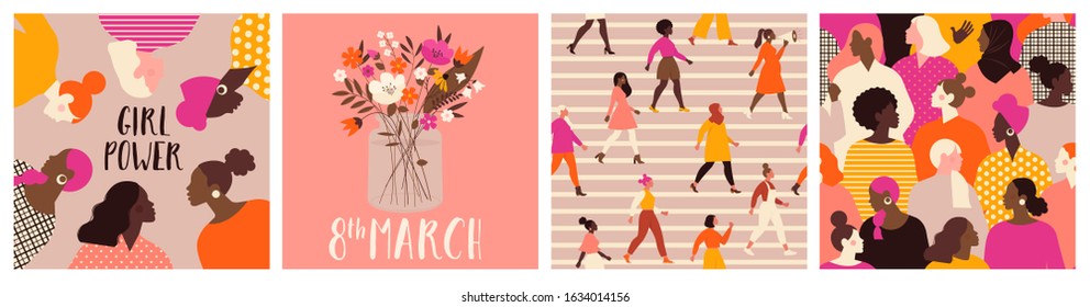 Collection of greeting card or postcard templates with flower bouquet in vase, floral wreath, feminism activists and Happy Women's Day wish. Modern festive vector illustration for 8 March celebration. - Shutterstock ID 1634014156