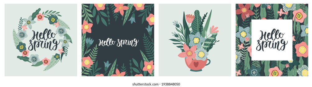 Collection of greeting card or postcard templates with flowers, floral wreath. Modern festive vector illustration for 8 March celebration.