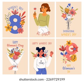 Collection of greeting card or postcard templates. 8 march, International Women's Day. Girl power, feminism, sisterhood concept.