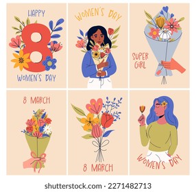 Collection of greeting card or postcard templates. 8 march, International Women's Day. Girl power, feminism, sisterhood concept.